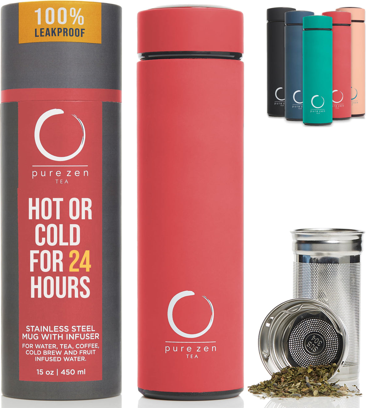 Pure Zen Tea Thermos infuser enables a rich long brew on the go.