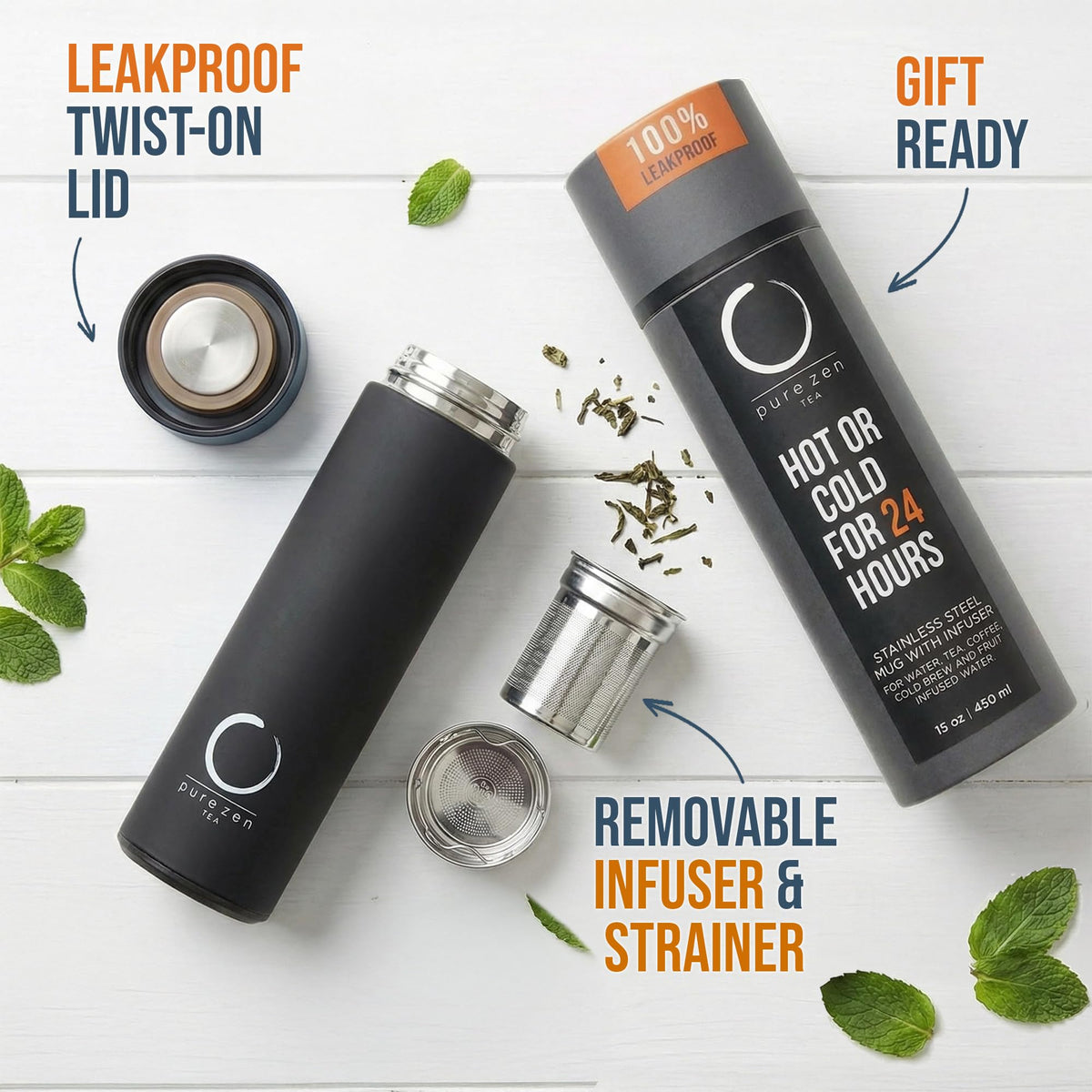 Pure Zen Tea thermos infuser basket delivers rich flavors from tea leaves.