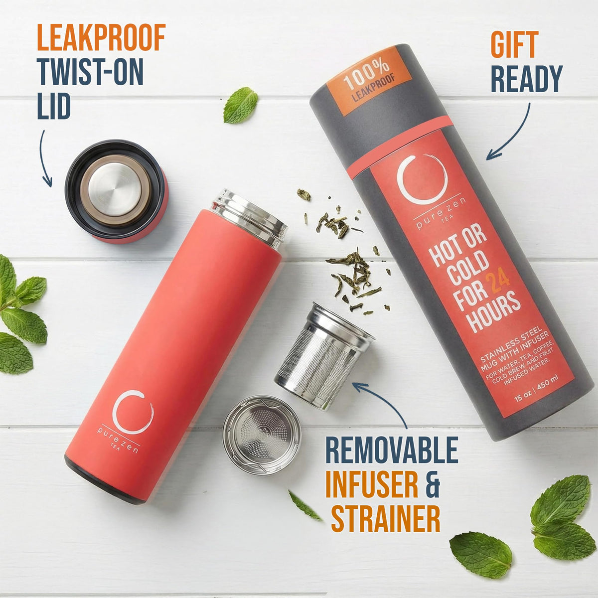 Pure Zen Tea Thermos leakproof stainless steel for mess-free travel.