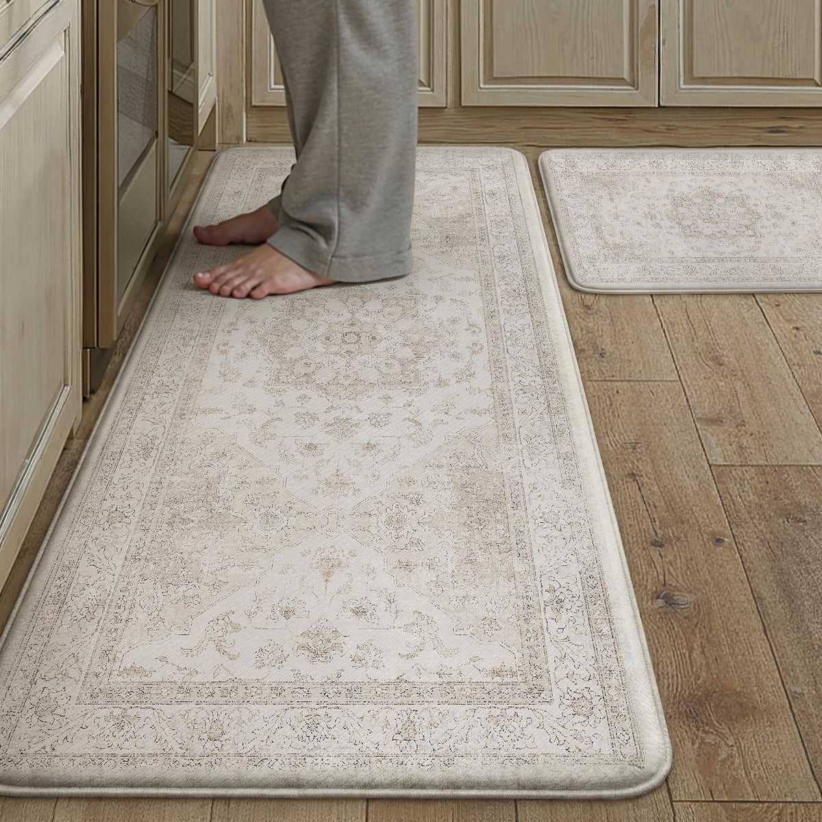 PureCozy kitchen mat beige anti-fatigue cushions feet during long cooking tasks.