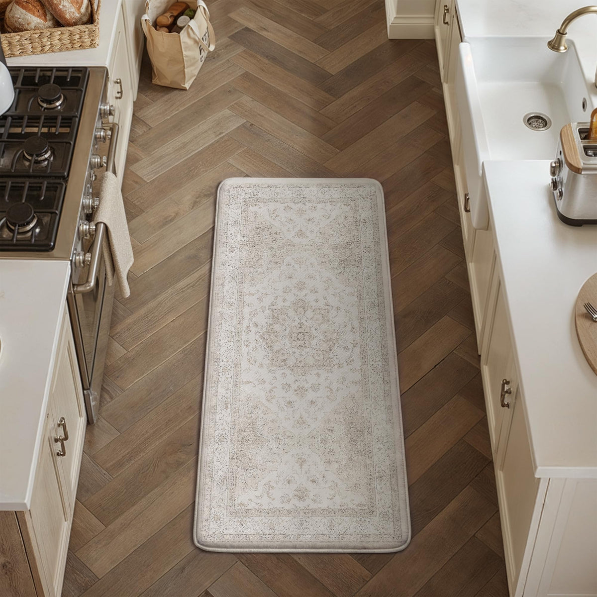 PureCozy kitchen mat beige cushioned floor for everyday kitchen tasks.