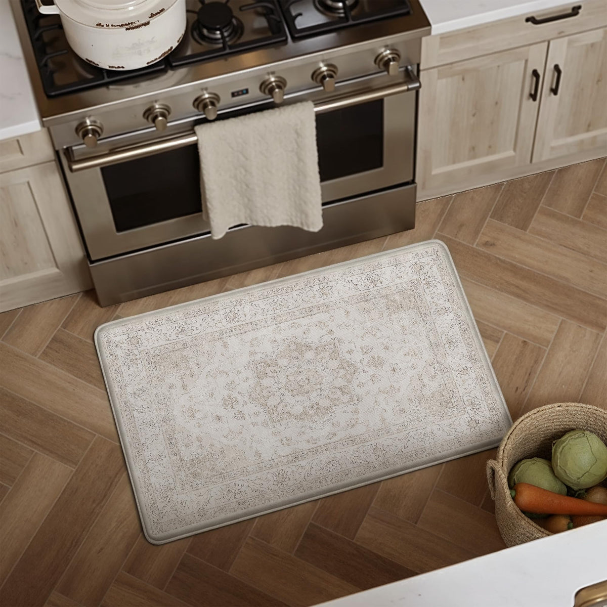 PureCozy kitchen mat beige entryway rug provides soft steps.