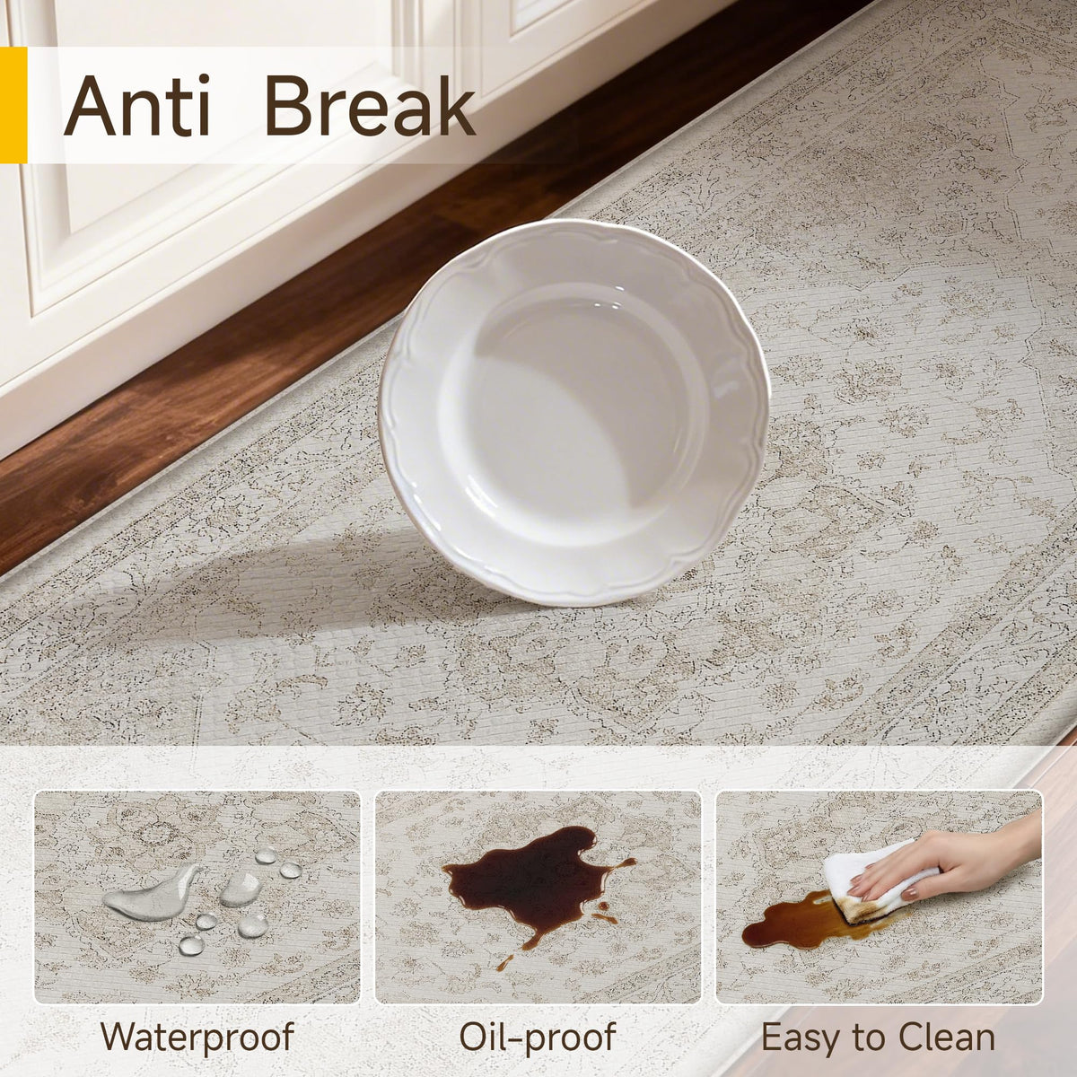 PureCozy kitchen mat beige sink-area placement protects floors from spills.