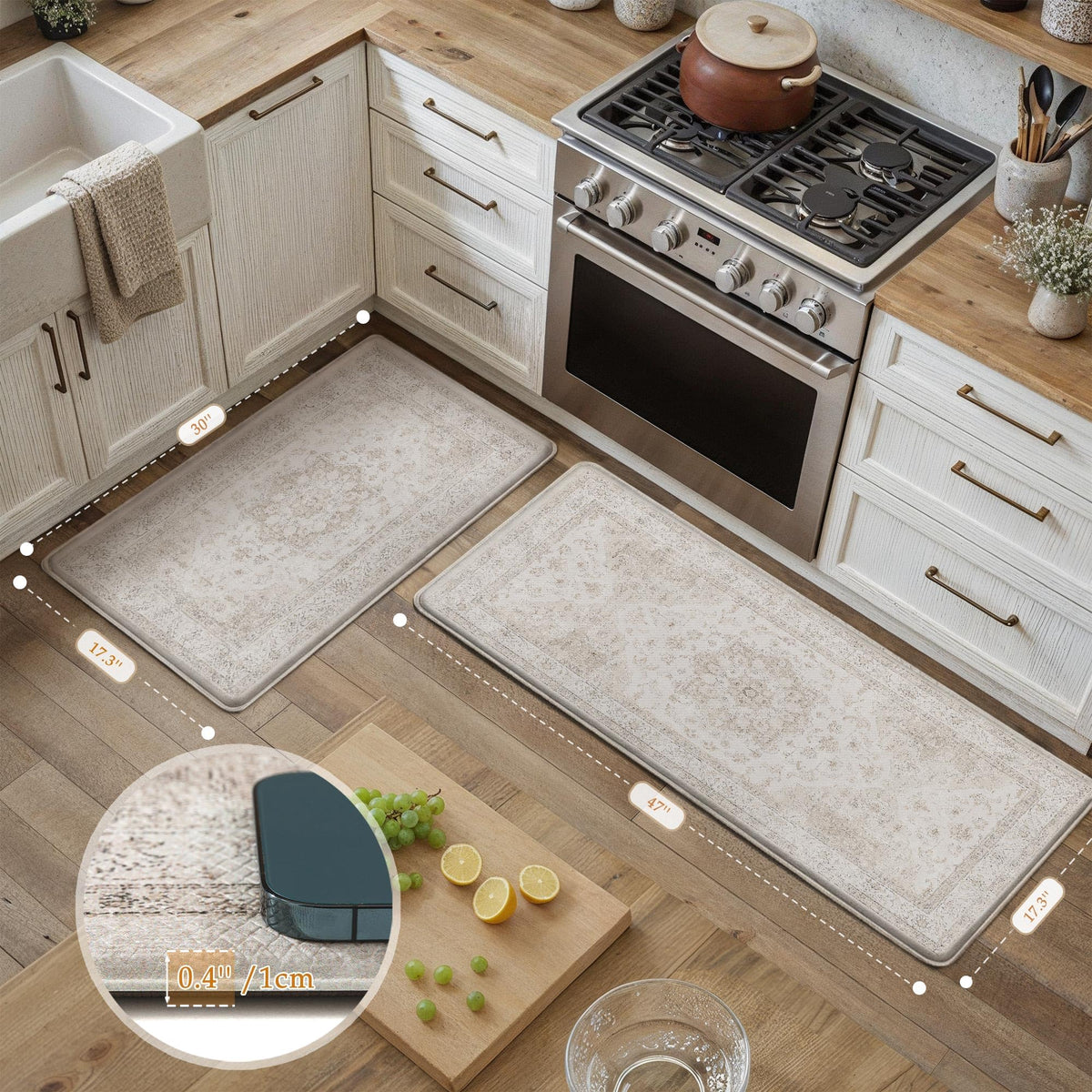 PureCozy kitchen mat beige slip-back keeps mat in place on hard floors.