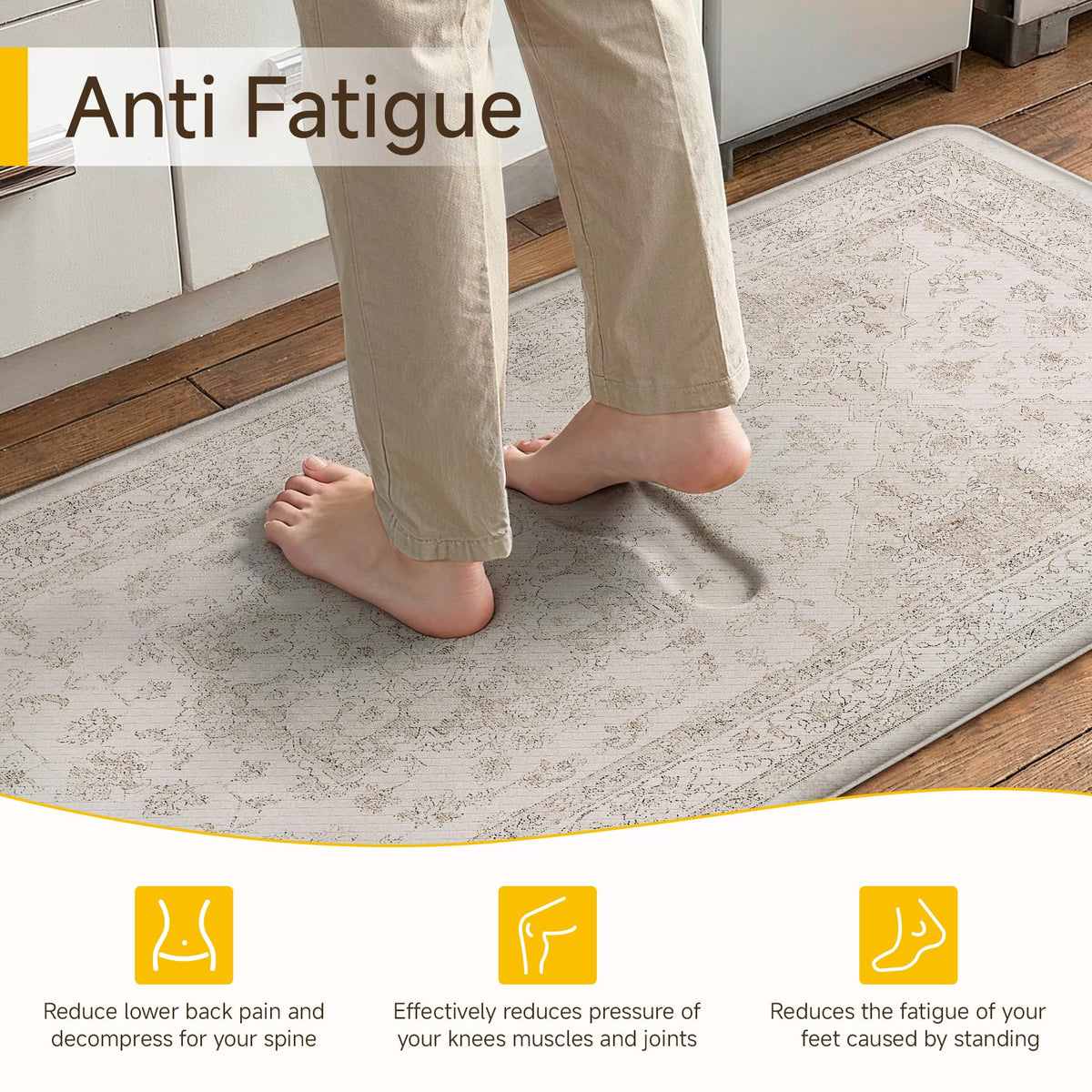 PureCozy kitchen mat beige stain-resistant surface wipes clean for everyday messes.
