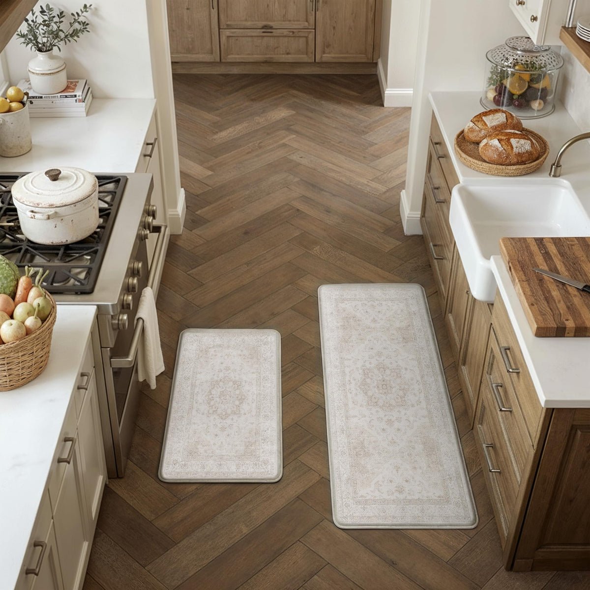 PureCozy kitchen mat beige stovetop-area use adds comfort while cooking.