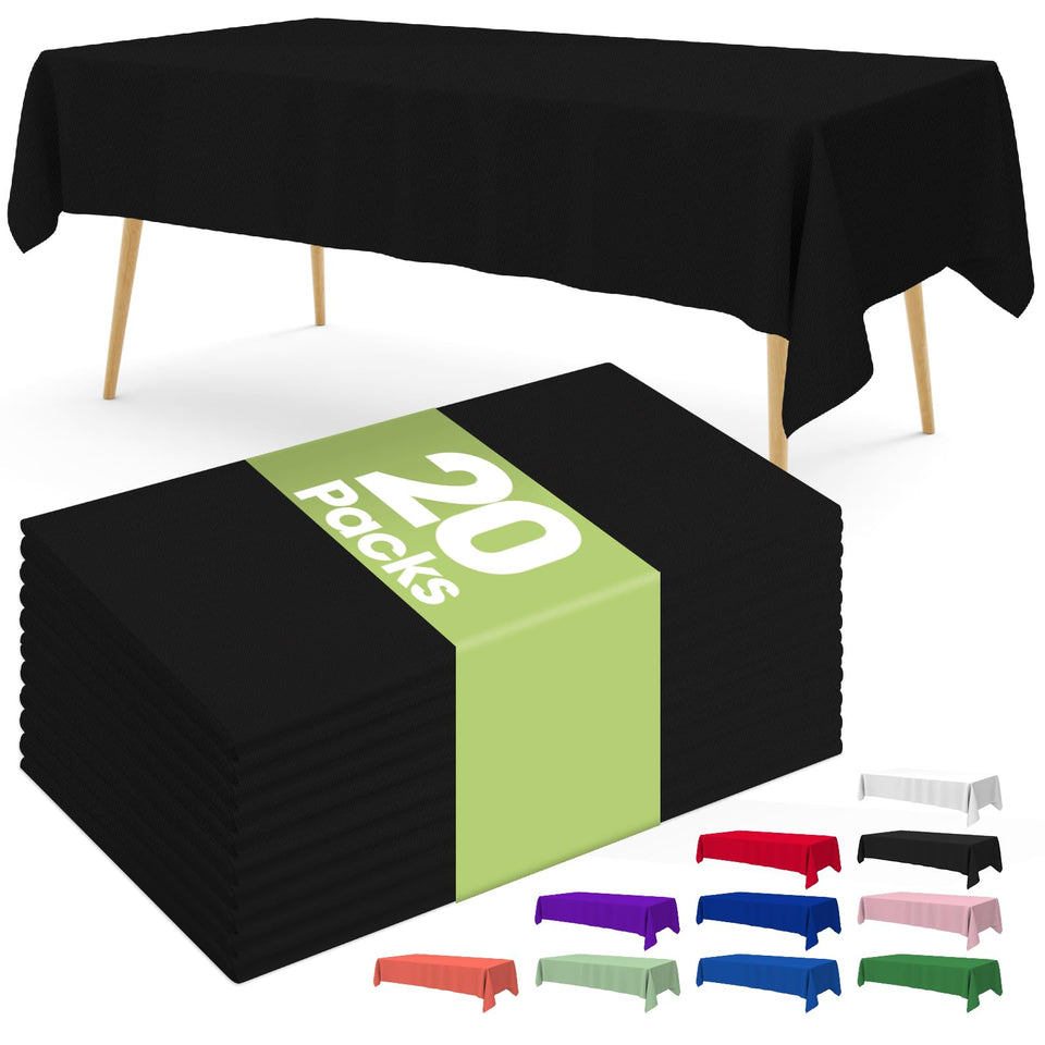 Pureegg 54x108 rectangle black tablecloth on table, sturdy event protection.
