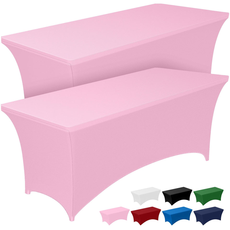 Pureegg 6ft pink spandex tablecloth, two-pack, wrinkle-resistant for weddings and banquets.