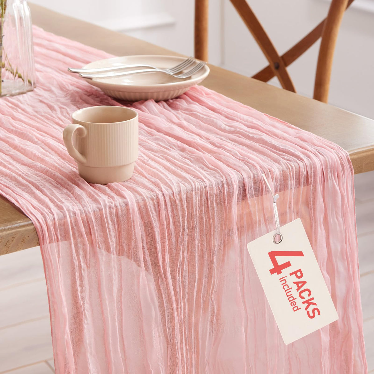 Pureegg cheesecloth table runner offers a 120-inch drape for refined wedding table setups.