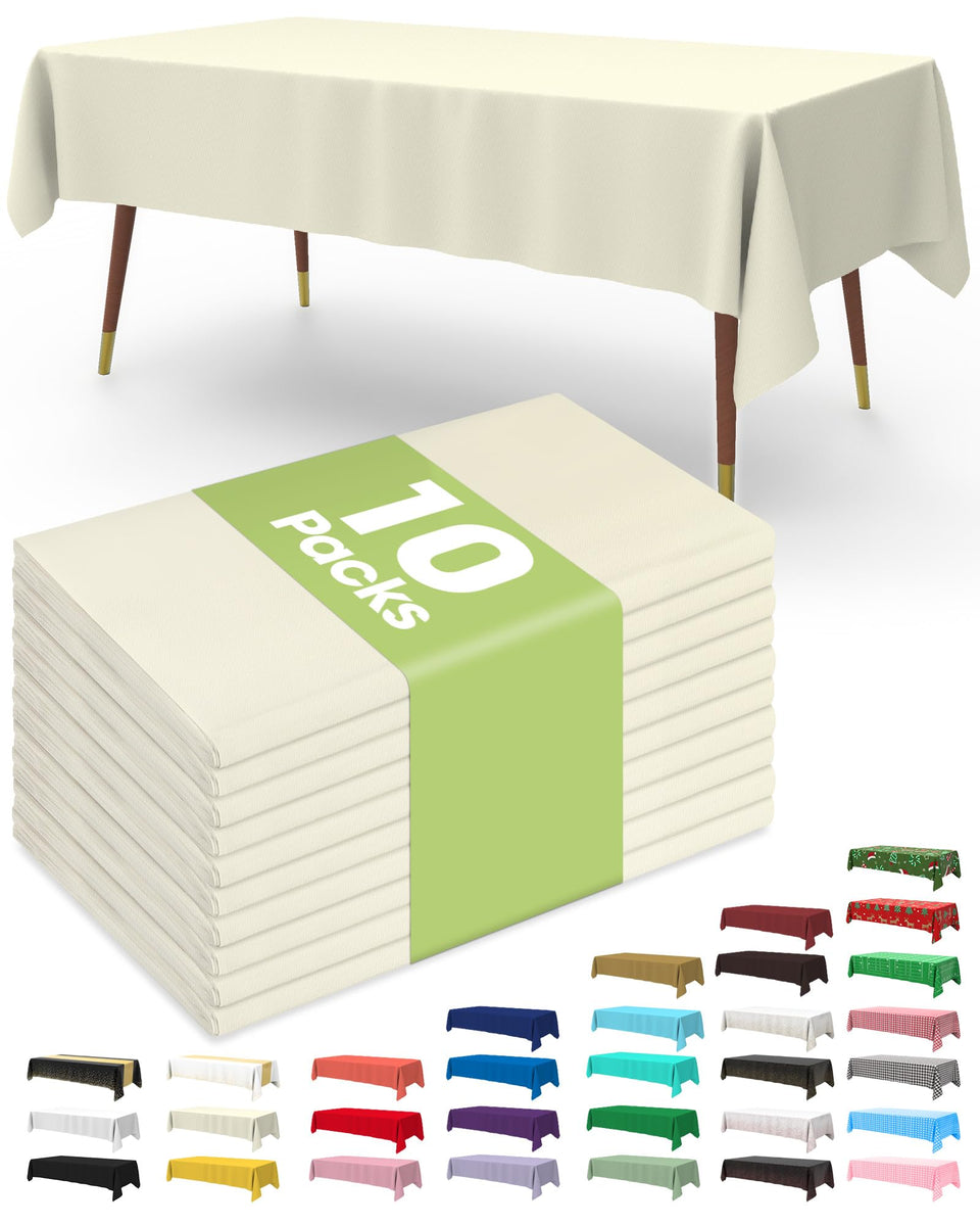 Pureegg 10-pack disposable tablecloth stack demonstrates quick event prep.