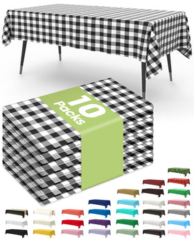 Pureegg disposable tablecloth in black plaid for 54x108 inch tables.
