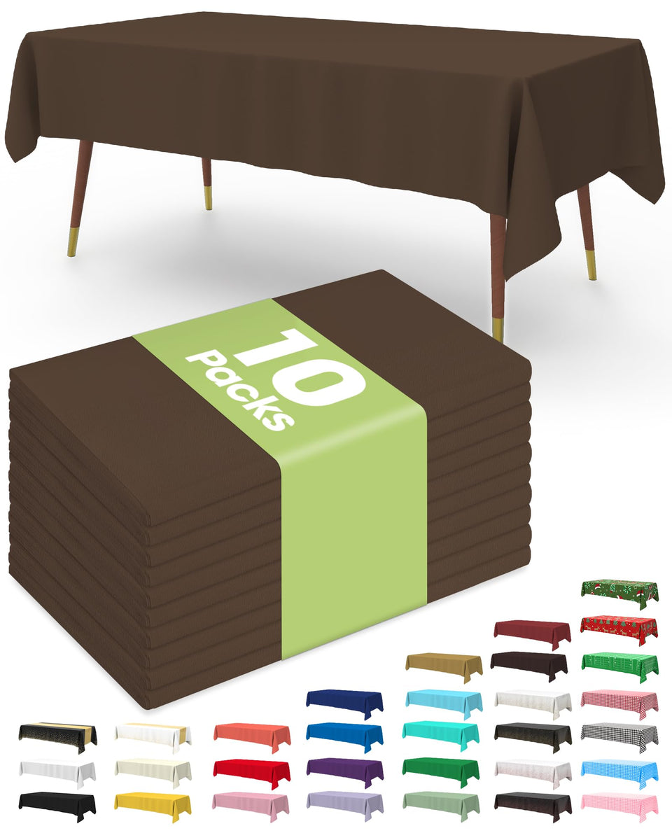 Pureegg disposable tablecloth flatlay on a brown 54x108 surface for spill protection.