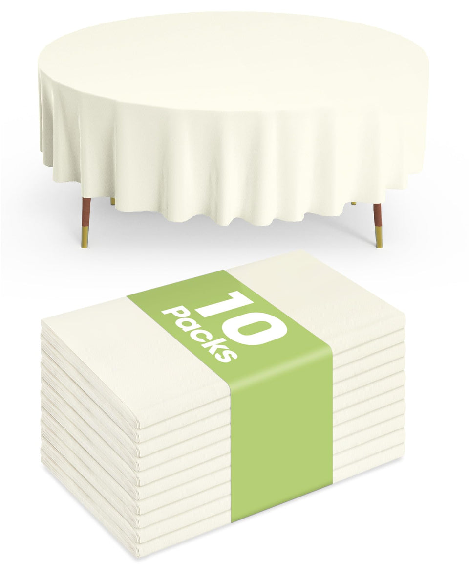 Pureegg 10-pack tablecloths in beige ready for party setup and quick cleanup.