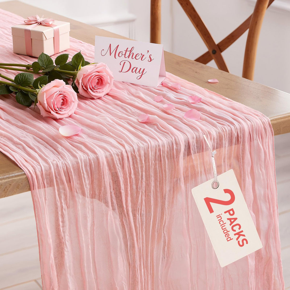 Pureegg dusty pink cheesecloth table runner with soft drape for elegant tables.