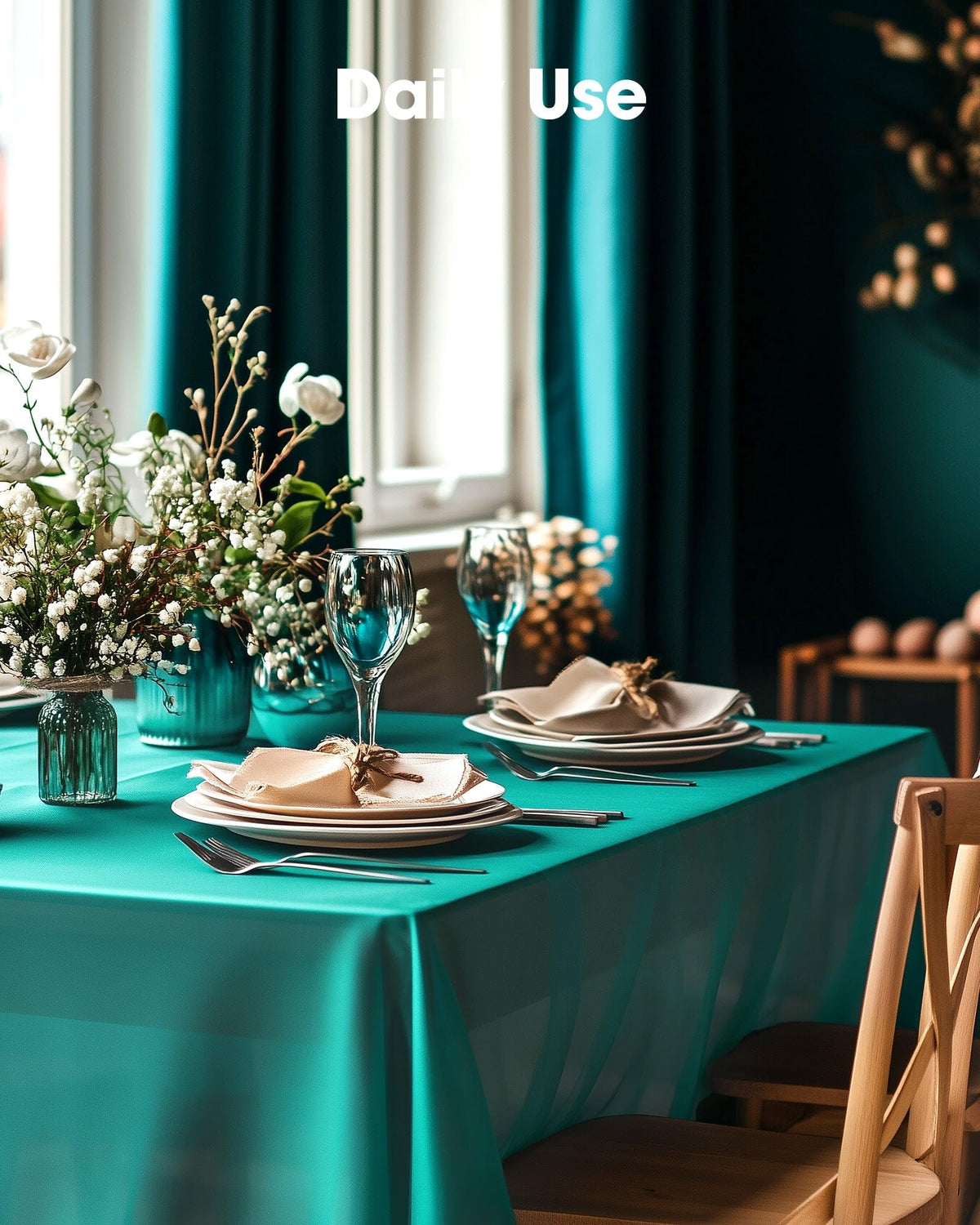 Pureegg teal rectangle tablecloth used for Easter celebrations