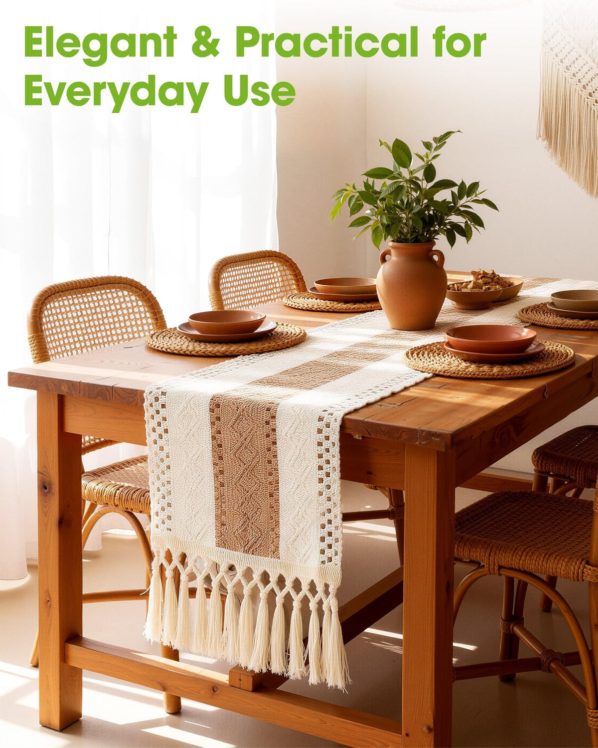 Pureegg Farmhouse Boho Runner with tassels at both ends for subtle flair