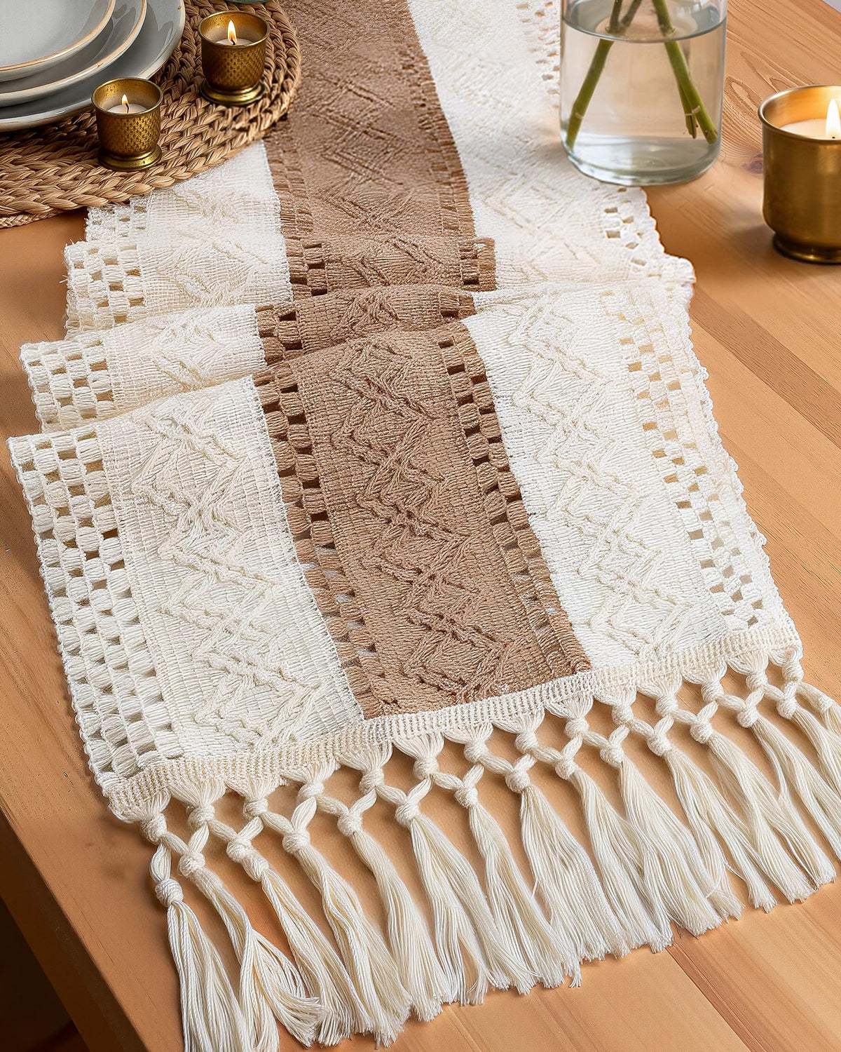 Pureegg Farmhouse Boho Table Runner shows beige woven texture for refined dining