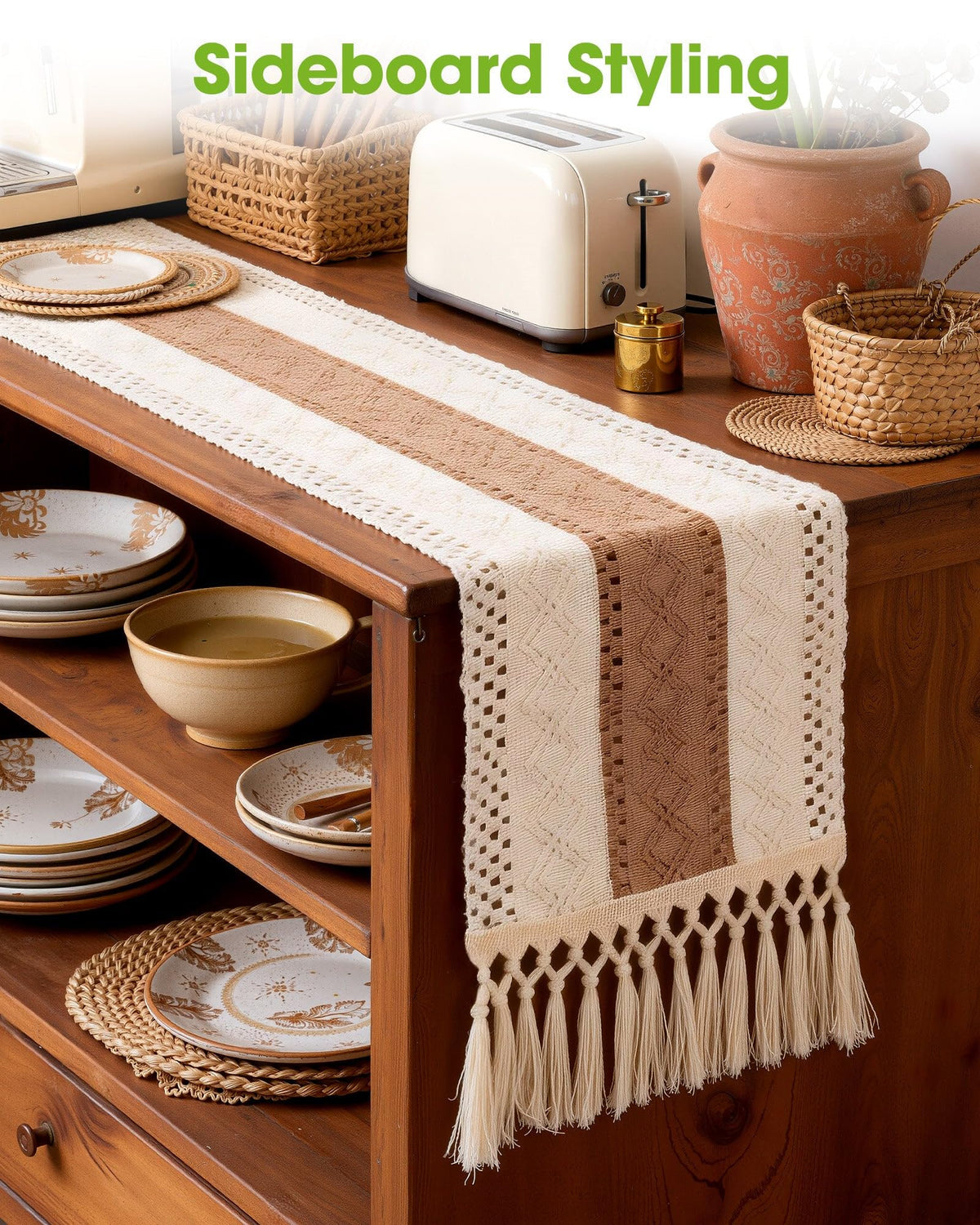 Pureegg Farmhouse Boho table runner beige tone blends with décor
