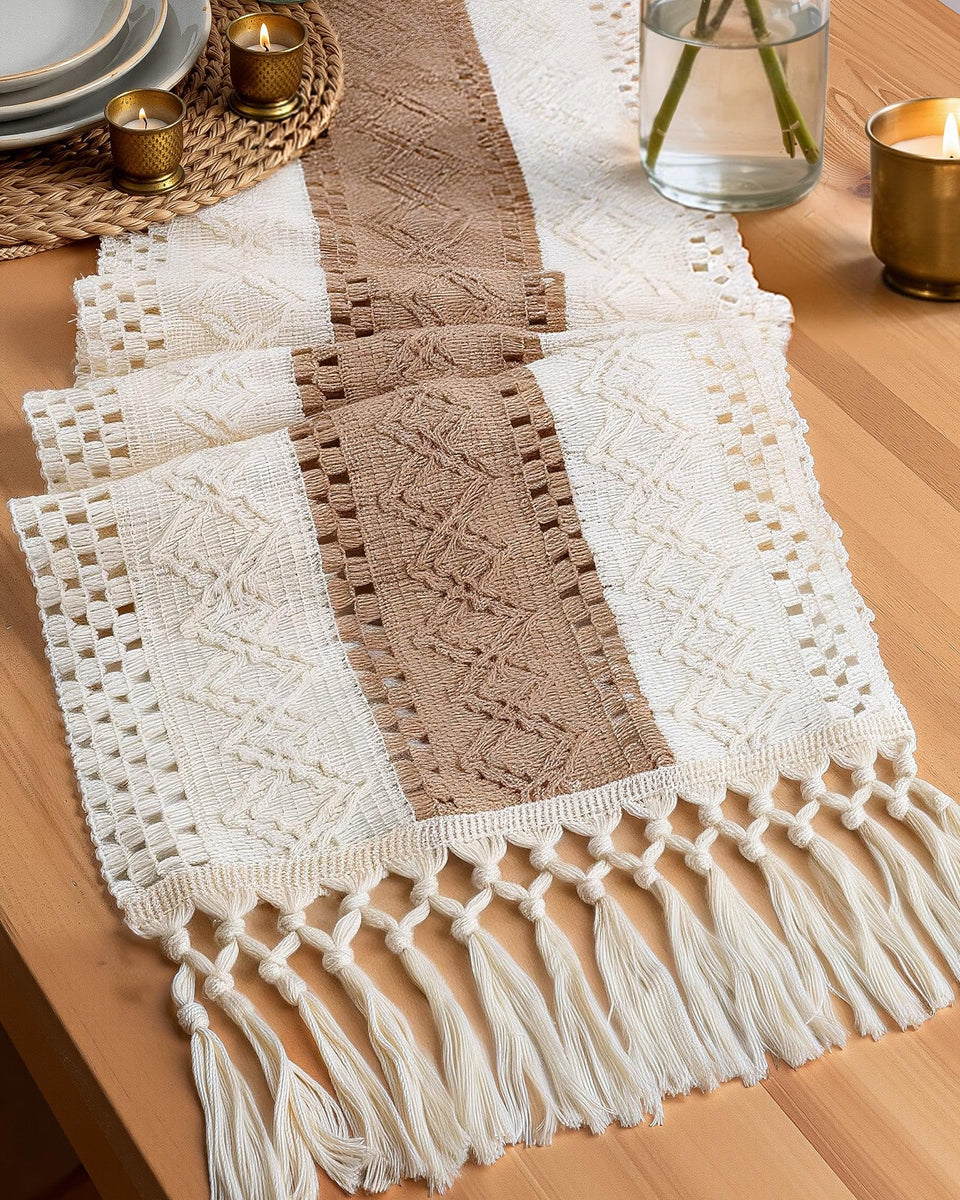 Pureegg Farmhouse Boho table runner tassels closeup for refined dining ambiance