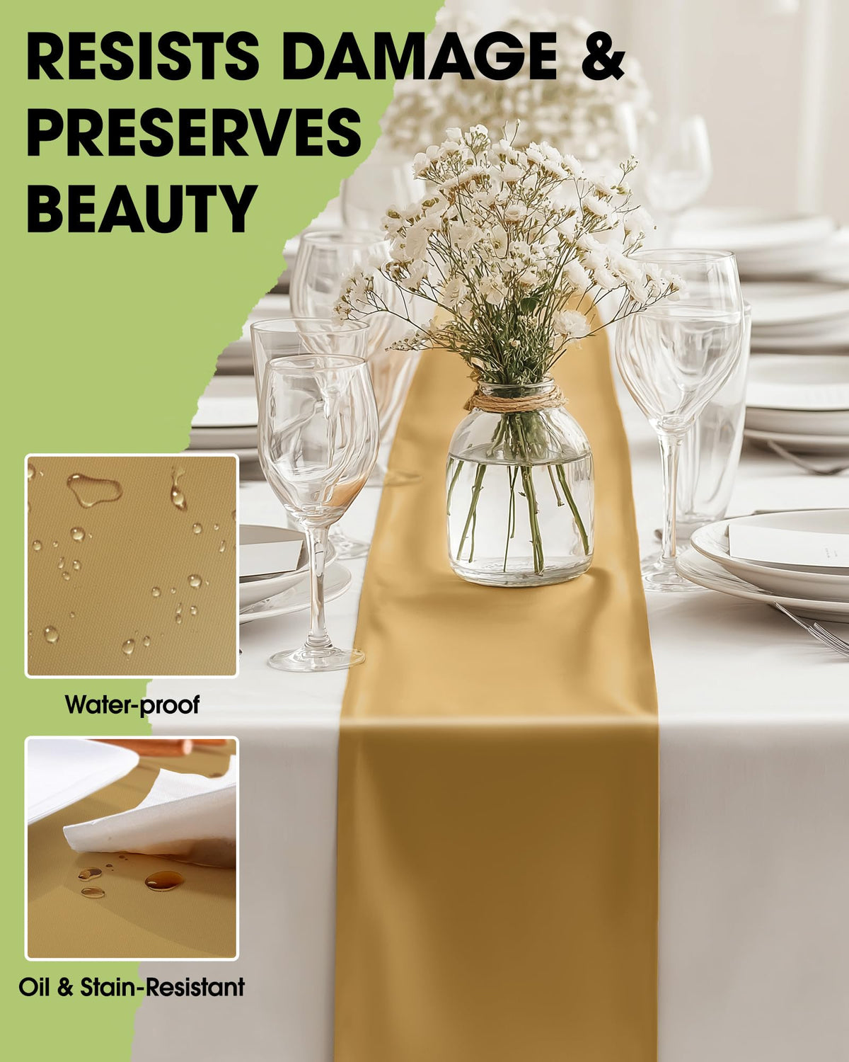 Pureegg gold table runner close-up shows water-resistant surface