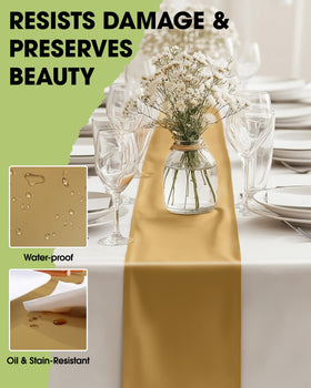 Pureegg gold table runner close-up shows water-resistant surface