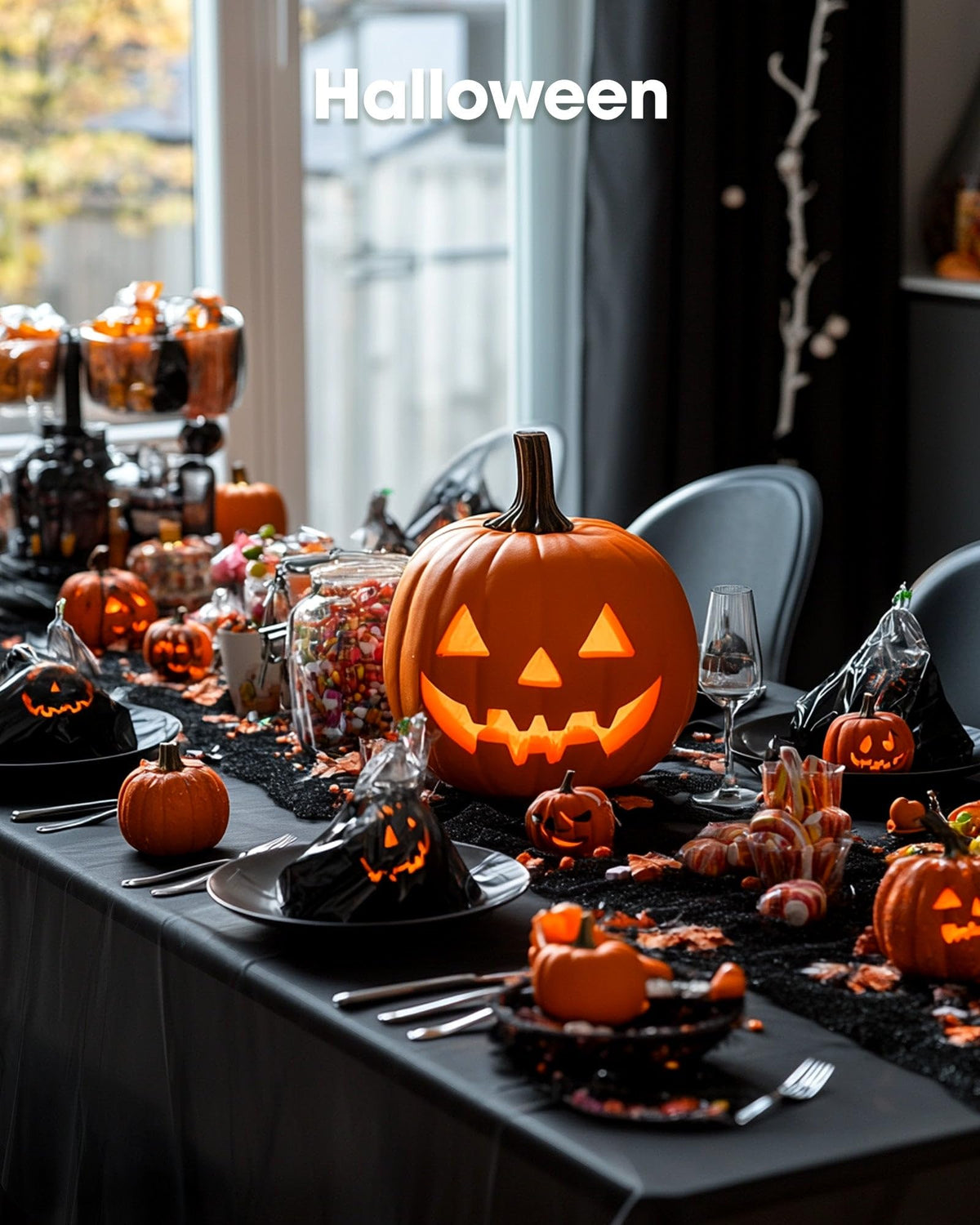 Pureegg Halloween party tablecloth in black adds a sleek look