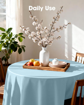 Pureegg light blue round tablecloth complements any decor.