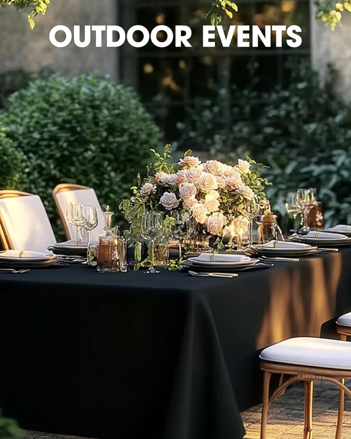 Pureegg outdoor wedding table with black cloth, elegant presentation.
