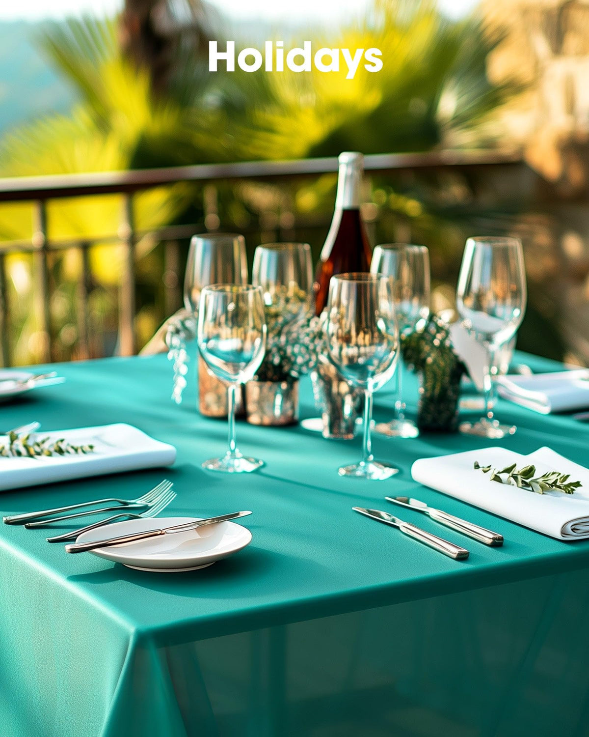 Pureegg teal rectangular tablecloth used for festive party setup