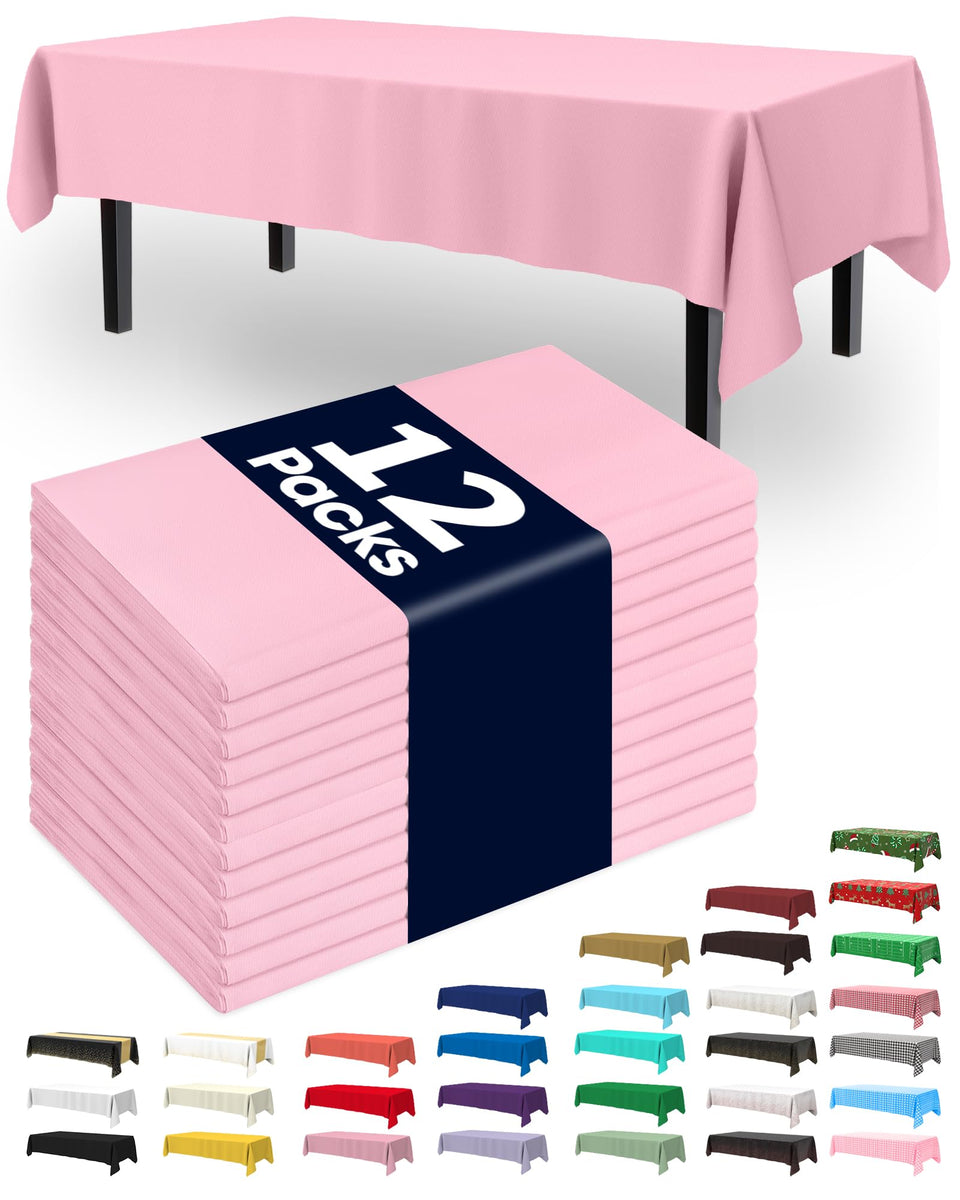 Pureegg pastel pink rectangle tablecloth flatlay, 54 x 108 inches, spill protection.