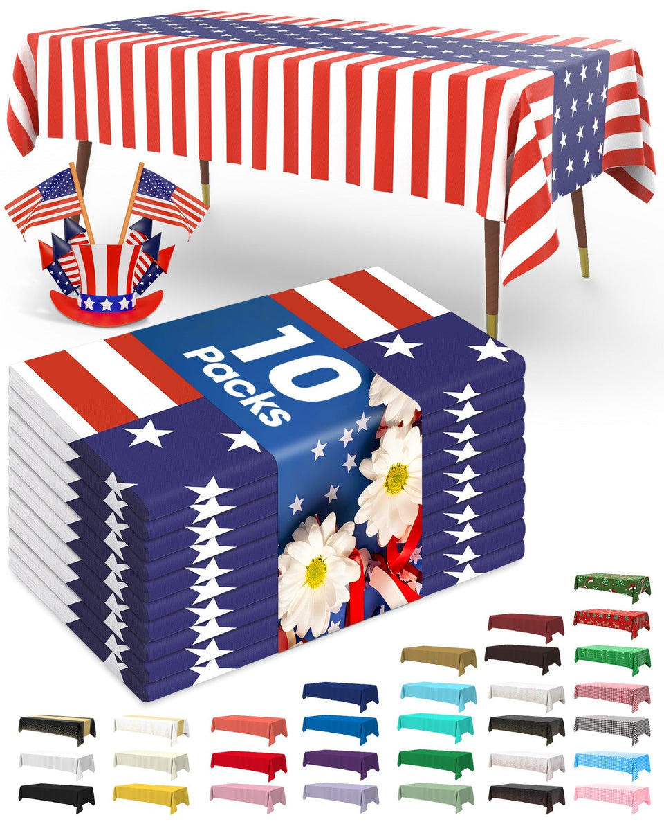 Pureegg patriotic tablecloth with USA flag design covers 54x108 inches for Independence Day setting.