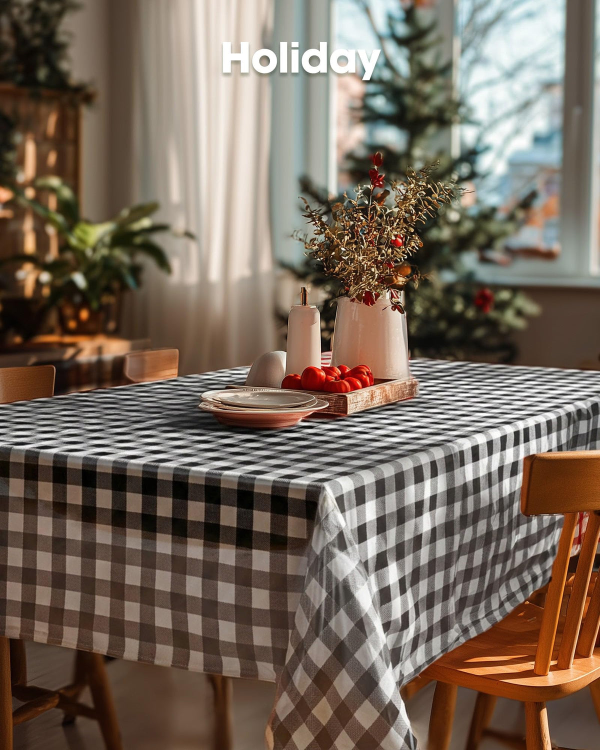 Pureegg 54x108 black plaid tablecloth offers sturdy, mess-friendly use.