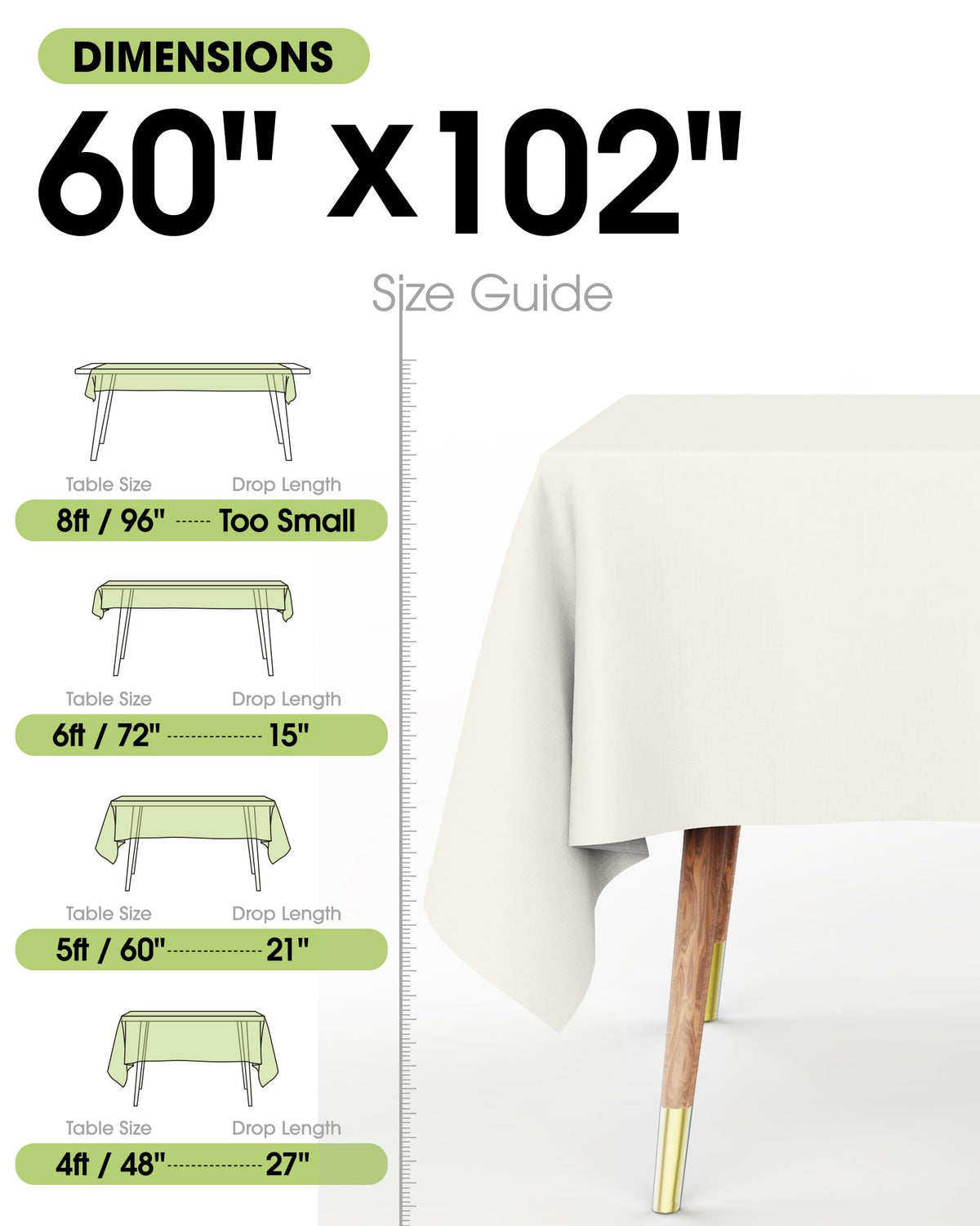 Pureegg rectangle ivory tablecloth is machine-washable for easy care.