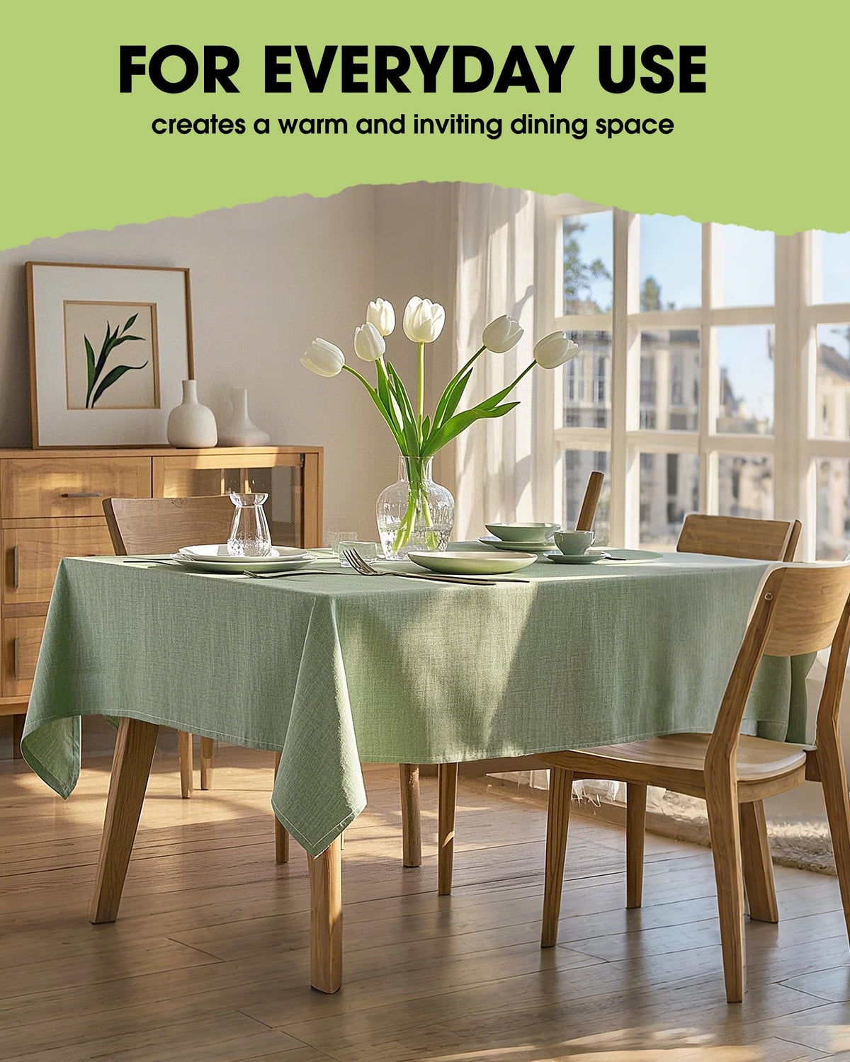 Pureegg machine-washable tablecloth simplifies cleanup after meals.