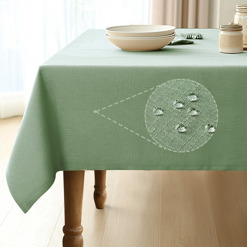 Pureegg rectangle tablecloth in sage green with water-repellent fabric for spill protection.