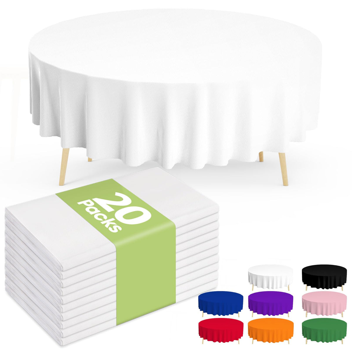 Pureegg round 84-inch white table cloth showing leakproof surface protection for spills