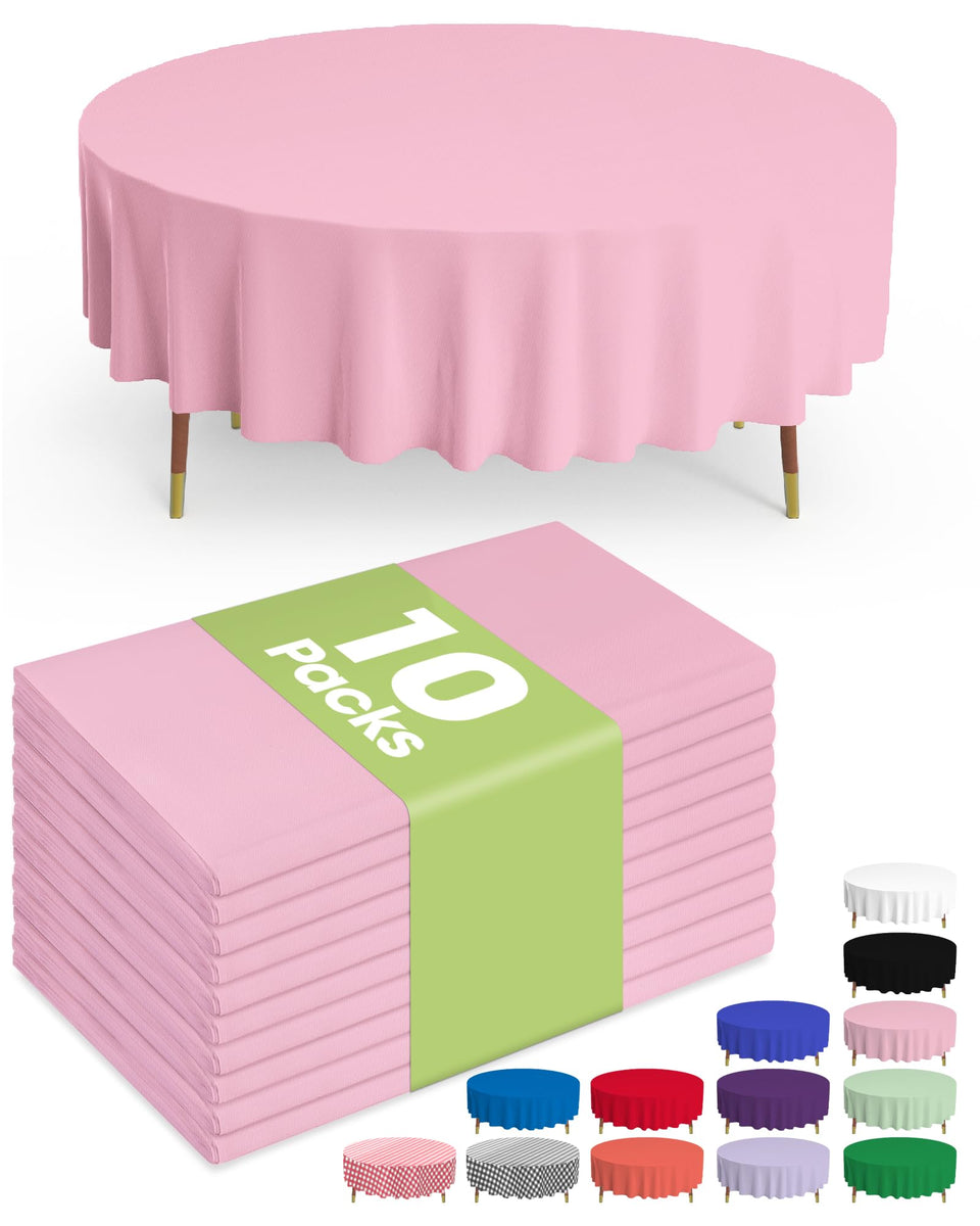 Pureegg round 84-inch pink tablecloth protecting surfaces at an event
