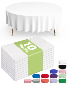 Pureegg round 84-inch white tablecloth flatlay showing a neat, spill-resistant cover