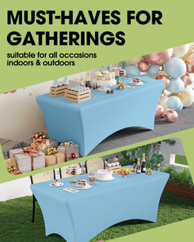 Pureegg spandex tablecloth 6ft blue mist features reinforced pockets for secure anchoring.