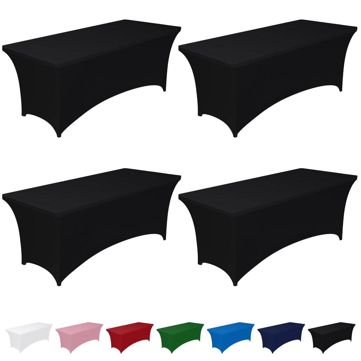Pureegg spandex tablecloth on a 6ft black rectangular table provides a seamless, secure fit.