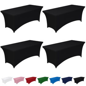 Pureegg spandex tablecloth on a 6ft black rectangular table provides a seamless, secure fit.