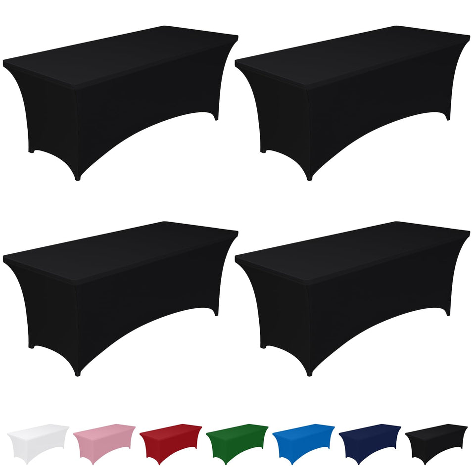 Pureegg spandex tablecloth on a 6ft black rectangular table provides a seamless, secure fit.