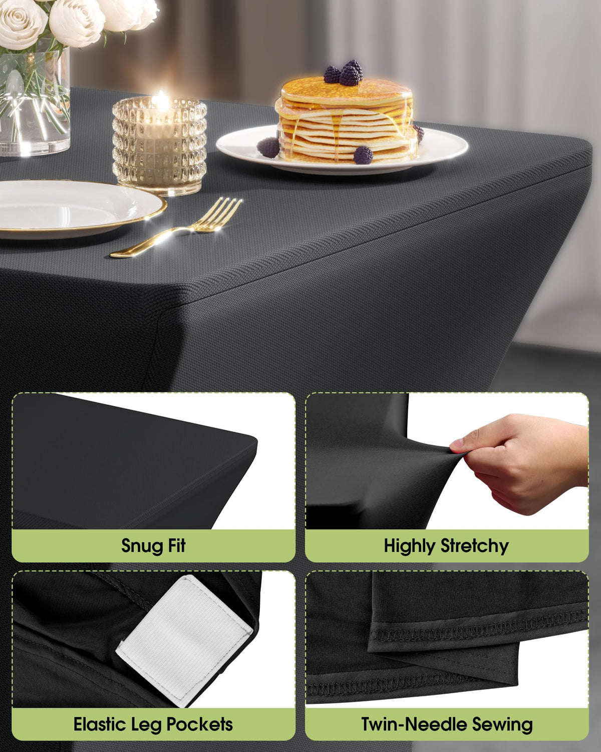 Pureegg spandex tablecloth 6ft on a rectangle table black for secure setup.