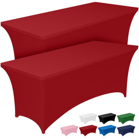 Pureegg spandex tablecloth on a 6ft rectangular table provides a sleek, secure look for events.