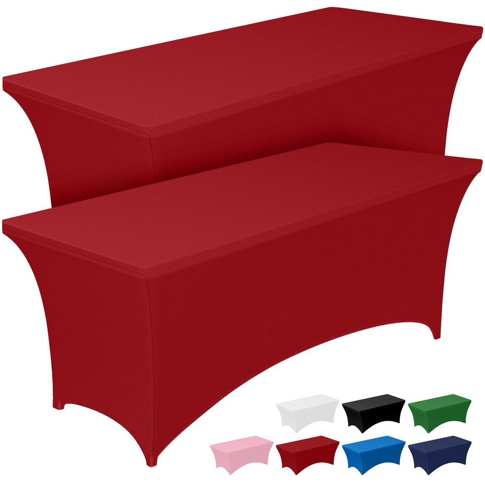 Pureegg spandex tablecloth on a 6ft rectangular table provides a sleek, secure look for events.