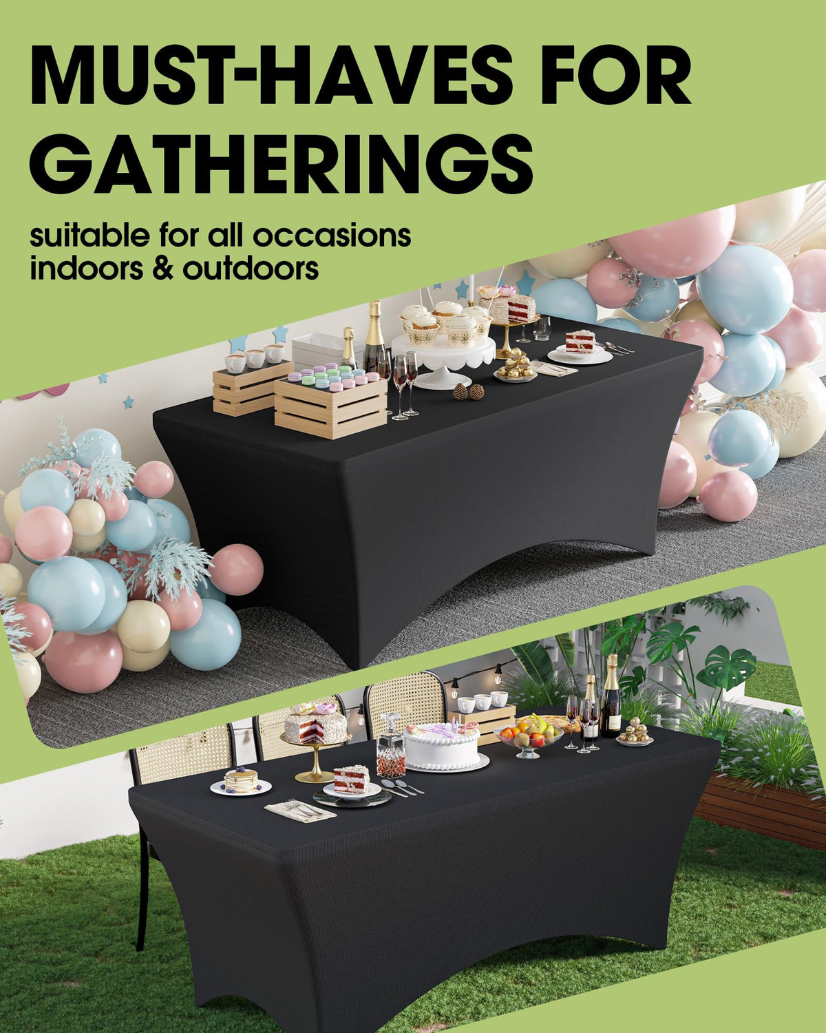 Pureegg outdoor wedding setup using black spandex tablecloth for sleek look.