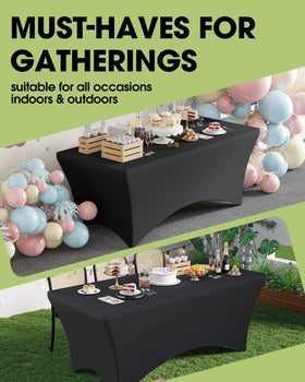 Pureegg outdoor wedding setup using black spandex tablecloth for sleek look.
