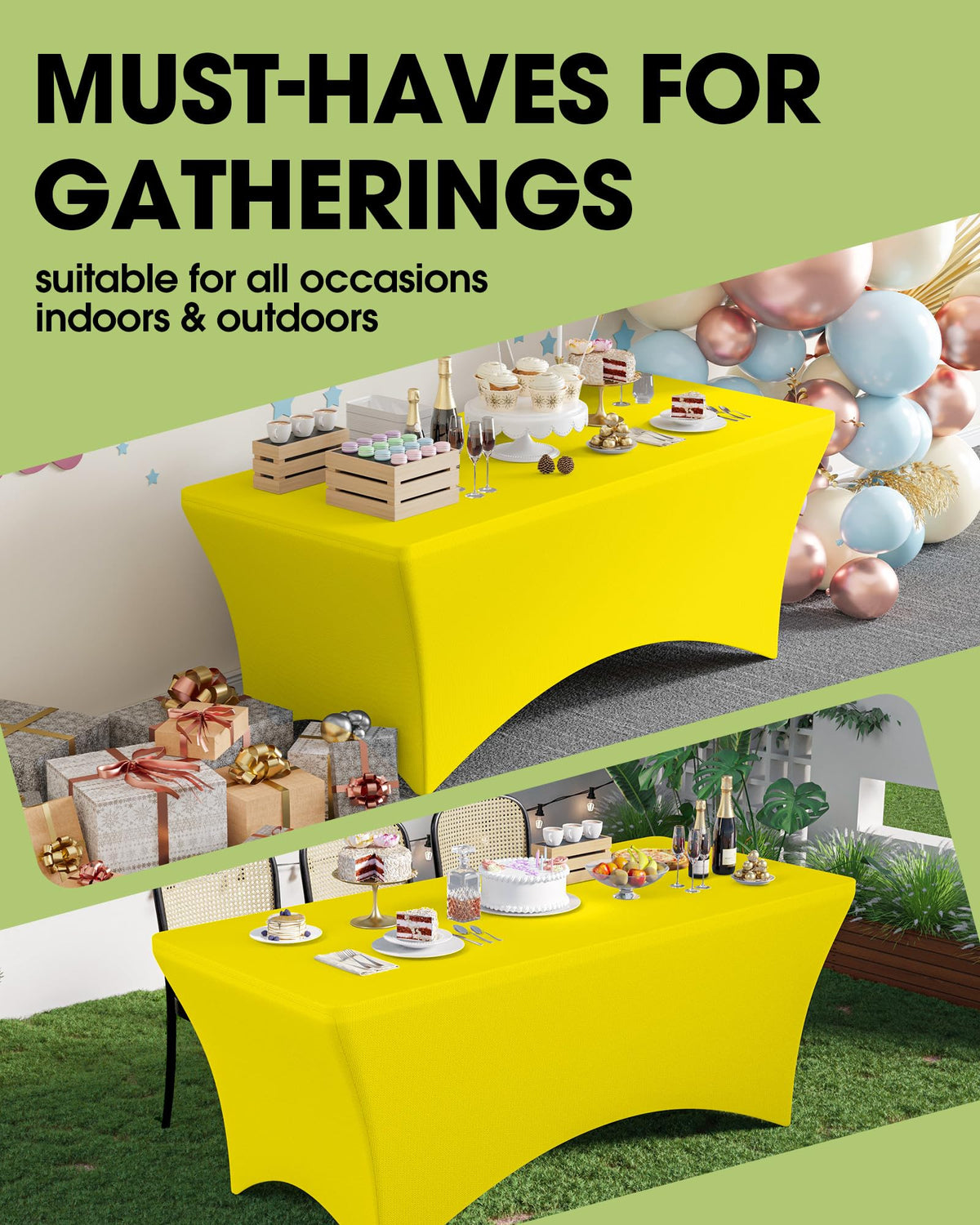 Outdoor setup with Pureegg spandex tablecloth resisting wind and keeping a neat surface.