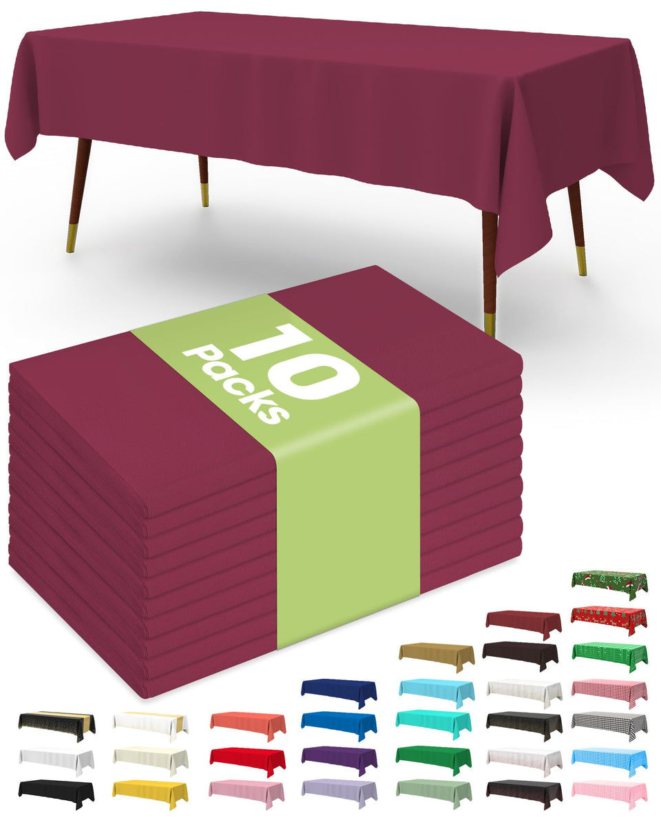 Pureegg tablecloth 54x108 burgundy on dining table protects against spills.