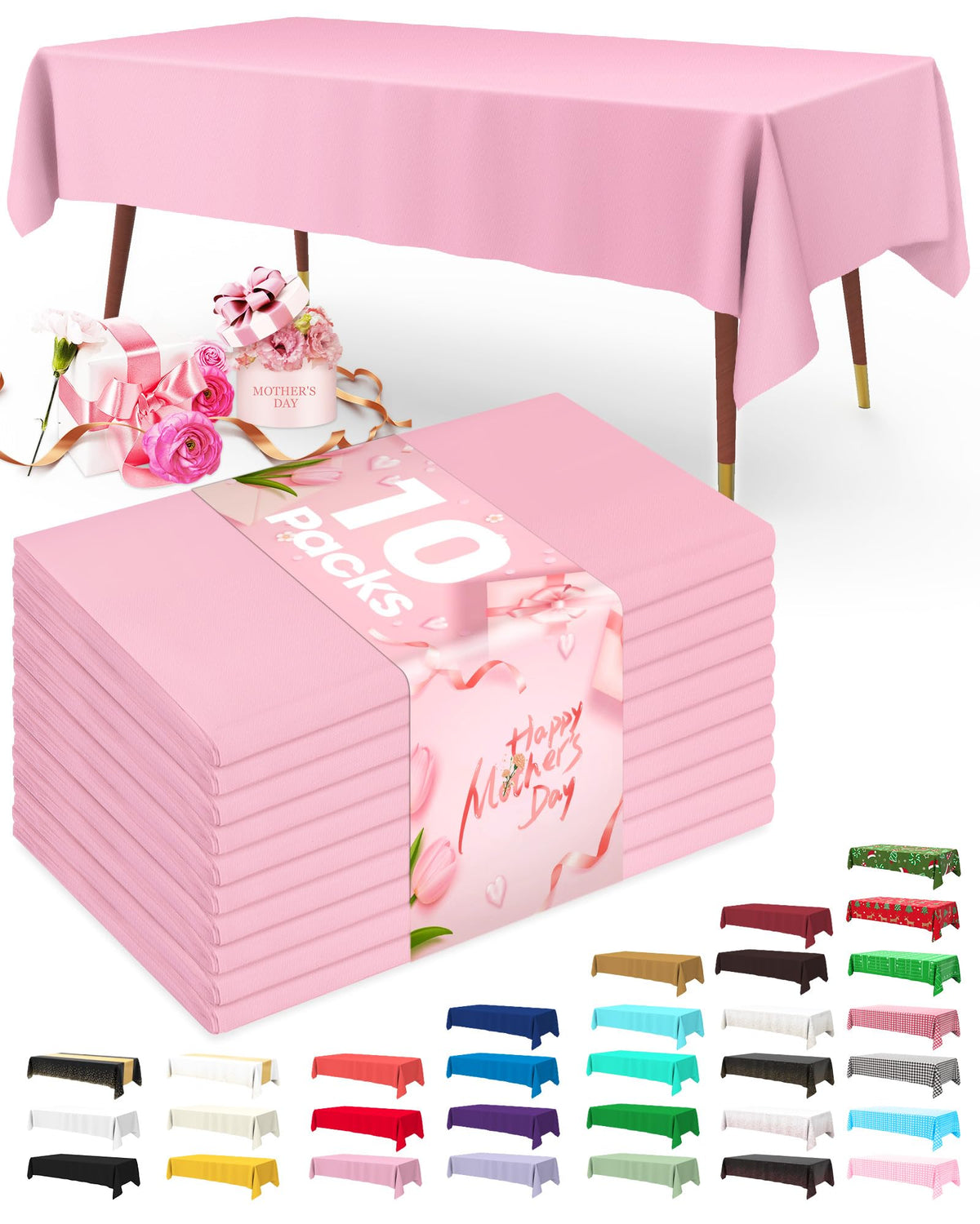 Pureegg pink 54x108 tablecloth draped over a table for festive coverage